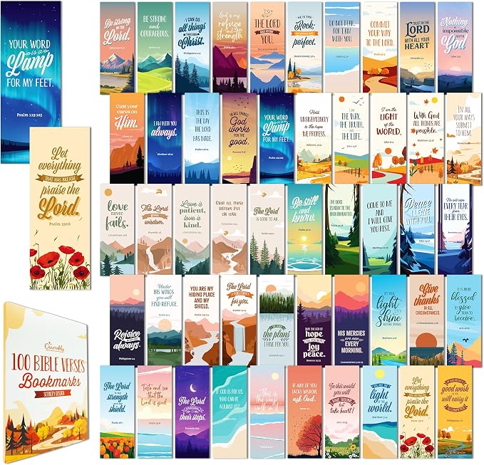 Decorably 100 Pack 2x6.5in Christian Bookmarks for Women and Men - 50 Scenery Designs Double-Sided Inspirational Verse Bible Book Markers - Journals, Bible, and Faithful Reflection