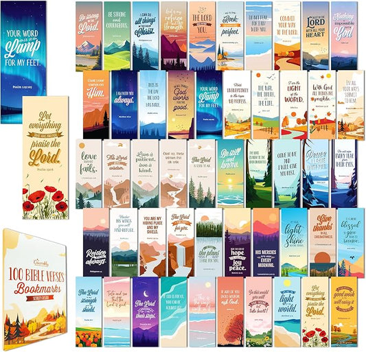 Decorably 100 Pack 2x6.5in Christian Bookmarks for Women and Men - 50 Scenery Designs Double-Sided Inspirational Verse Bible Book Markers - Journals, Bible, and Faithful Reflection