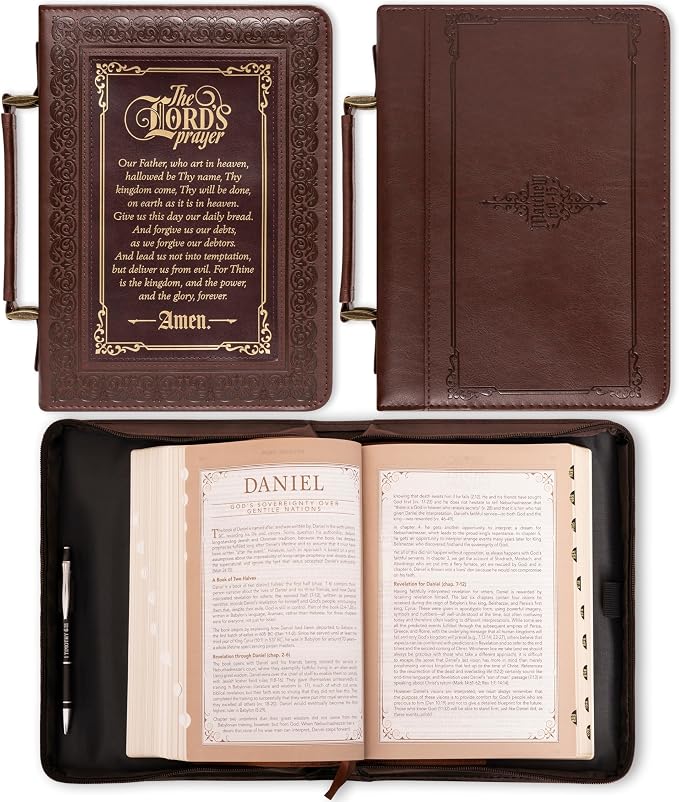 Christian Art Gifts Classic Bible & Book Cover for Men & Women: The Lord's Prayer - Matthew 6:9-13 Inspirational Scripture Carry Case Accessory with Pockets, Walnut Brown & Burgundy with Gold, Medium