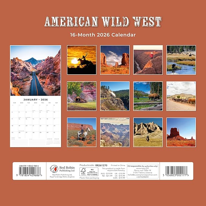 Red Robin 2026 American Wild West Monthly Wall Calendar | 12" x 24" Open | Premium Thick & Sturdy Paper | Hangable 12 Month Calendar | Lined Notes & To Do Area | Vivid Images | Plastic Free