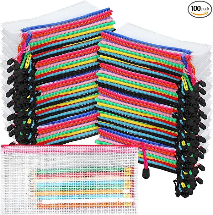 Kifmurase 100Pcs Pencil Pouches Bulk, 9.25'' x 4.5'' Mesh Zipper Pouch, 10 Colors Pencil Case, Small Clear Holder Storage Bag, Cosmetics Toiletry Bags for Office, File, Travel, Stationery