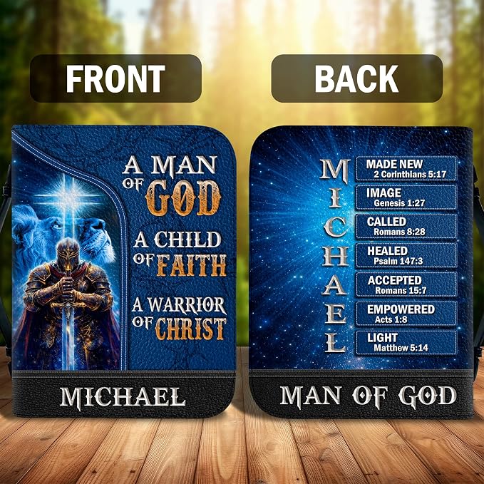 Personalized Man of God Bible Cover, God Says I Am Bible Case PU Leather, Bible Holder Handle Zipper, Faith Scripture with Name Case Bag, Religious Gifts for Church Christians Women Men (02)