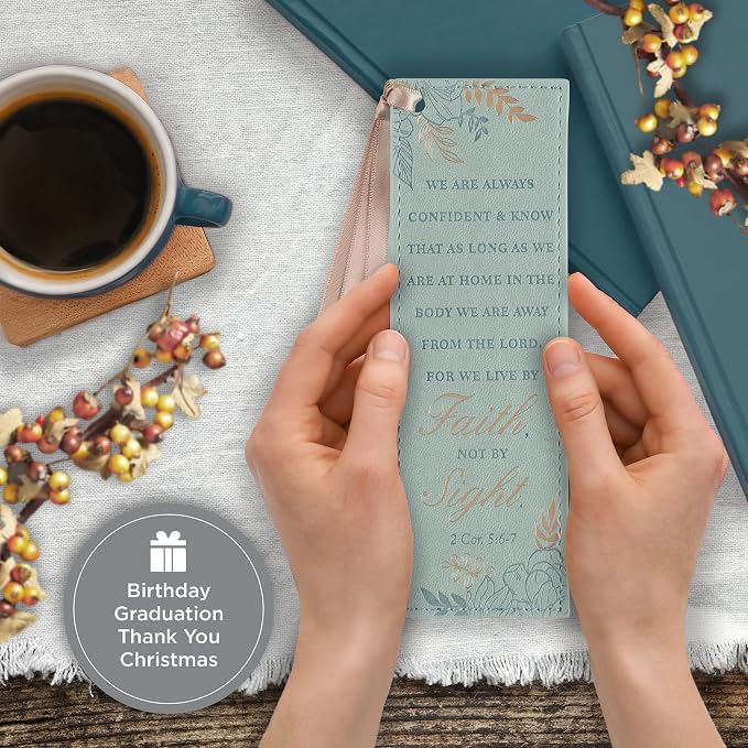 Christian Art Gifts Teal Faux Leather Floral Bookmark for Women: Walk by Faith - 2 Corinthians 5: 6-7 Inspirational Bible Verse, Heat-Debossed & Gold Accents with Taupe Satin Ribbon Reading Accessory