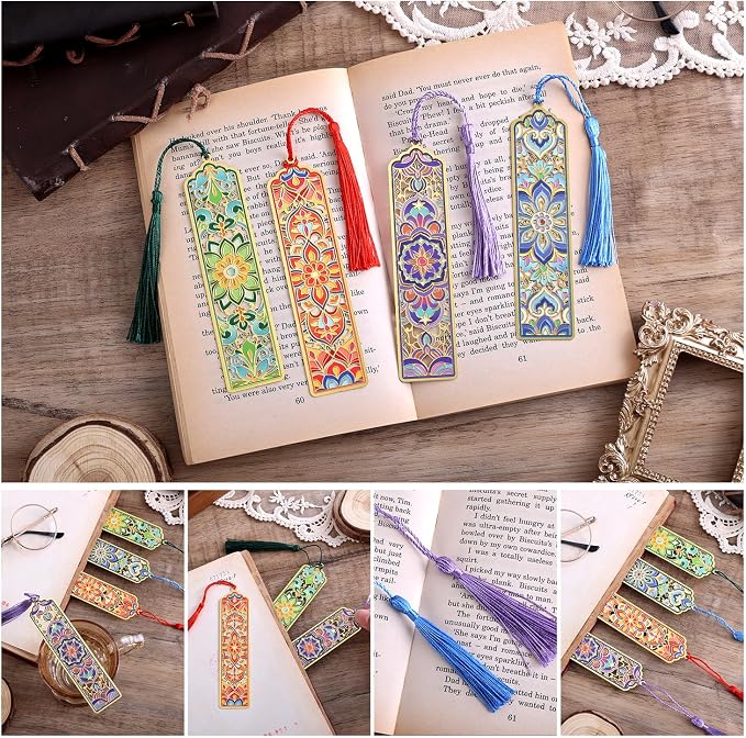 4 PCS Metal Bookmarks with Tassel, Golden Hollow Flower Bookmark Vintage Floral Mandala Theme Book Mark for Women Girls Book Lovers Writers Readers Teens Men