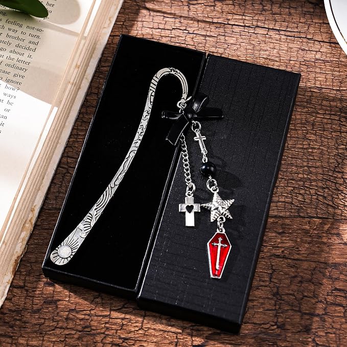 Charm Gothic Bookmark Gifts - Fantasy Unique Dark Aesthetic Silver Chain Tassel Metal Book Mark Black Bow Cross Star Personalized Bookmarks Reading Women Girls Readers Birthday Valentines