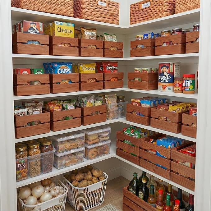 WOPITUES Wooden Crate,Wood Crates for Storage,Stackable Storage Bins and Pantry Organizers with Handles,Pantry Baskets,Wooden Box for Pantry,Kitchen,Garden,Garage,Display, Rustic Brown