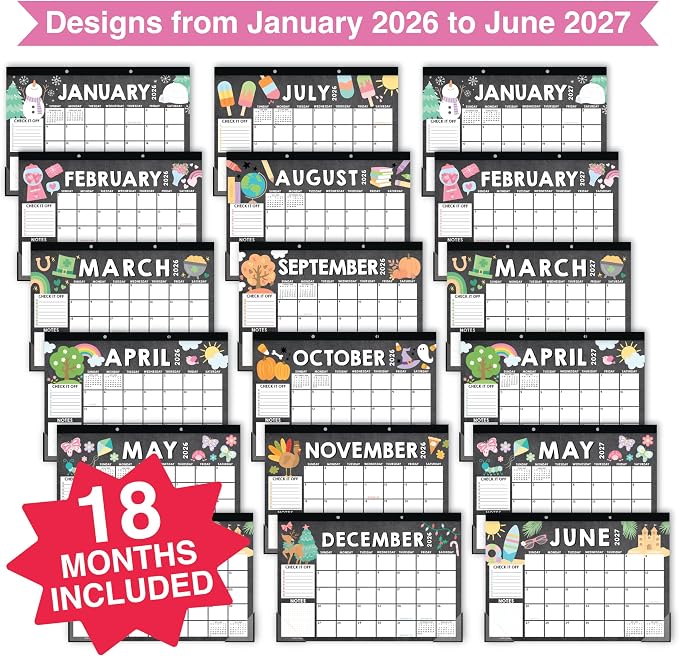 Hadley Designs Large Teacher Desk Calendar 2026-2027 - Desktop Calendar 2026, 18-Month Desk Calendars for Home, Office & Classroom, Cute Classroom Must Haves, Teacher Appreciation Gifts