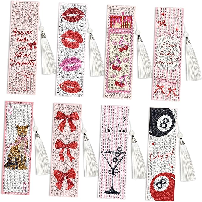 Y2K Coquette Diamond Art Bookmarks, 8 Pcs Pink Bow Leopard Diamond Painting Bookmark Kits for Adults Lucky 8 Ball Design, DIY Girly Aesthetic Book Marks with Tassels for Reading Lover Gifts