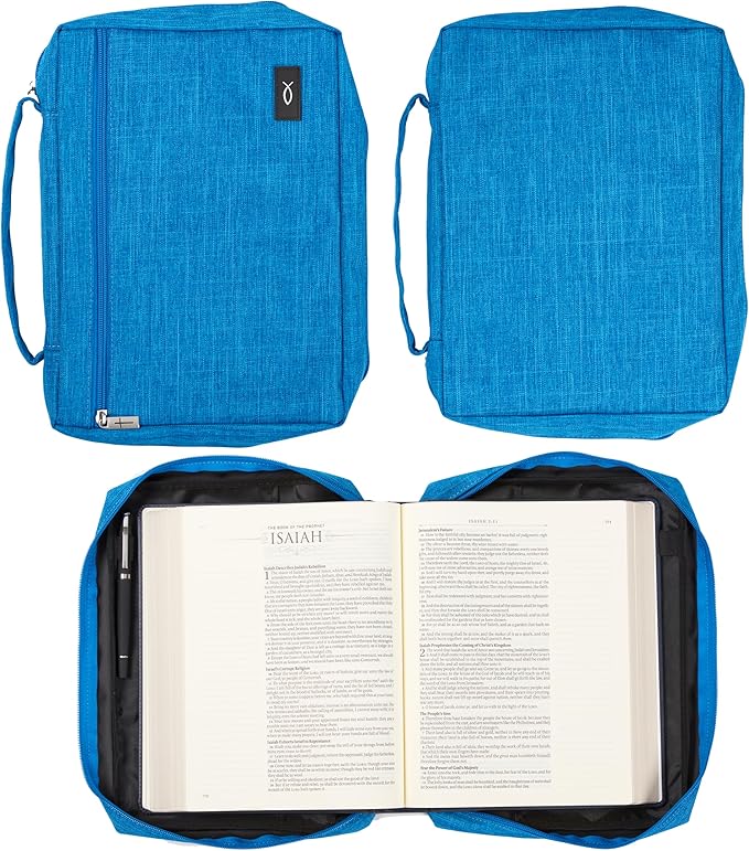 Christian Art Gifts Polyester Bible Cover for Men & Women w/Jesus Fish Patch, Zipper Pocket, Pen Loops, Easy Carry Book Case for Stationery, Accessories, Light Blue, Large