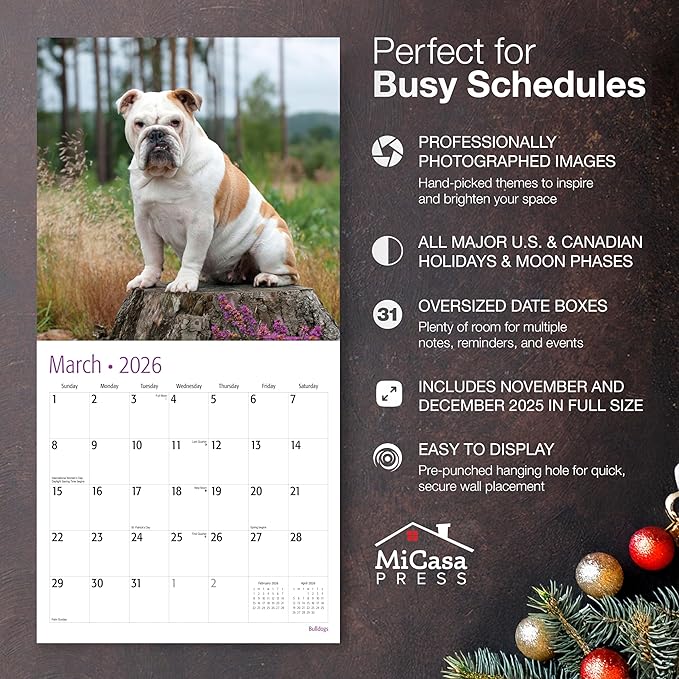 MICASA PRESS Bulldogs 2026 Wall Calendar 12 Month | 12" x 24" Open | Thick & Sturdy Paper | Giftable | Cute Puppy Dog Calendar 2026