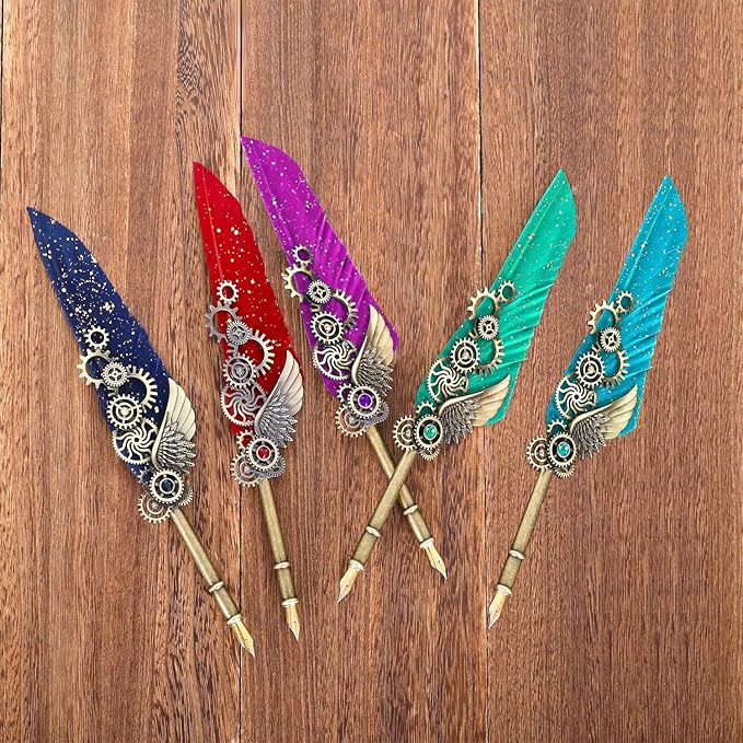 NC Quill Pen Set, Feather Pen With 5 Ink Bottles and 6 Replaceable Nibs, 1 Mechanical Quill, Calligraphy Pen for Writing, Letters, Diary, Signing, Invitation (Purple)