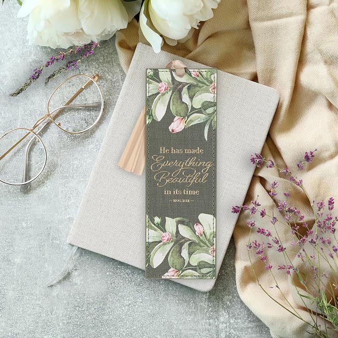 Christian Art Gifts Premium Inspirational Scripture Vegan Leather Bookmark for Women: Everything Beautiful Encouraging Golden Bible Verse, Tan Satin Ribbon, Read Books, Save Pages, Forest Green Floral