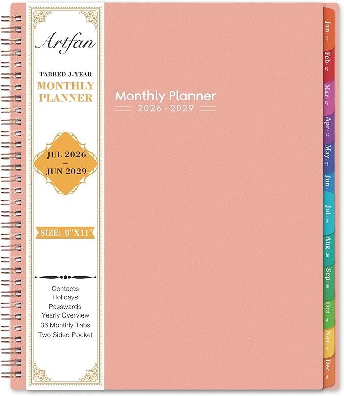 2026-2029 Monthly Planner - 3 Year Planner 2026-2029, July 2026 - June 2029, 9" x 11'', 3 Year Calendar Planner 26-29, 36 Monthly Calendar with Tabs, Notes Pages, Inner Pocket - Pink