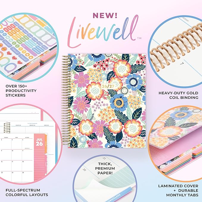 Blue Sky Livewell 2026-2027 Weekly and Monthly Academic Year Planner Calendar, July 2026 - June 2027, 7" x 9", Flexible Cover, Wirebound, Colorful Interior, Laminated Tabs, Storage Pocket, Includes Stickers, Charmie
