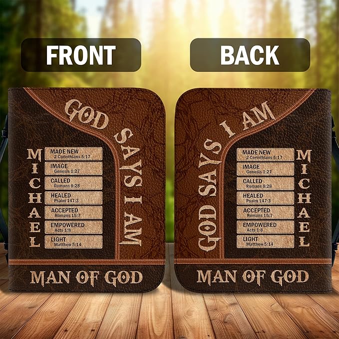 Personalized Man of God Bible Cover, God Says I Am Bible Case PU Leather, Bible Holder Handle Zipper, Faith Scripture with Name Case Bag, Religious Gifts for Church Christians Women Men