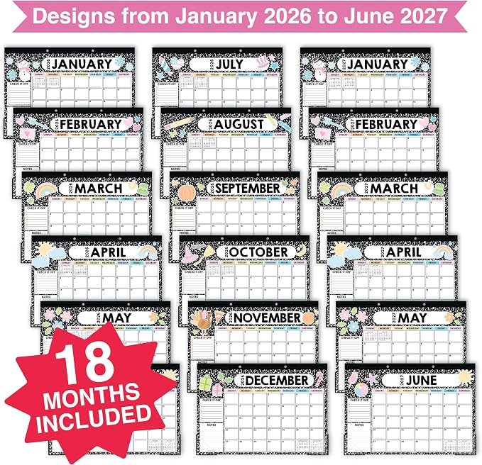 Hadley Designs Large Teacher Desk Calendar 2026-2027 - Desktop Calendar 2026, 18-Month Desk Calendars for Home, Office & Classroom, Cute Classroom Must Haves, Teacher Appreciation Gifts