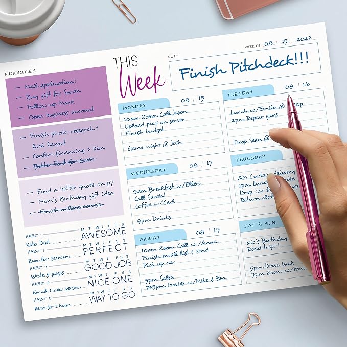 Weekly Planner Pad - Undated Planner - To Do List Notepad - Habit Tracker - 11 x 8.5" - 52 Tear-Off Sheets - Daily Planner Undated for Home Work Office Business - Goal Planner - Cute Planner (Purple)