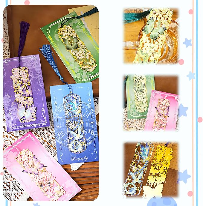 4 Pcs Metal Bookmarks Set with Tassels, Beautiful Floral and Butterfly Cutout Bookmarks for Reading Lovers Book Lovers Gifts, for Women, Men, Kids, Girls, Readers