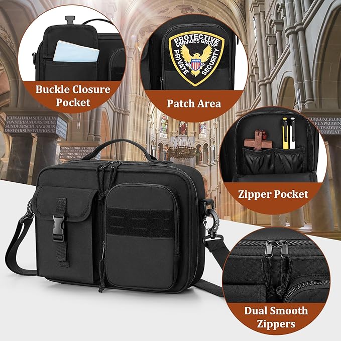 Damero Bible Cover for Men, Bible Carrying Case Church Bag with Multiple Pockets, Bible Case with Top Handle and Shoulder Strap, Black