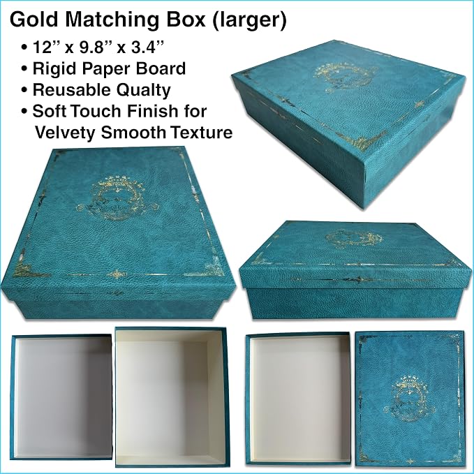 36 Pack Decorative File Folders in Two Matching Boxes, 24 Gold & 12 Violet Silver Designs On Blue Leather, Letter Size 9.2x11.7 Inch Colored Folders, Full Color Outside & On Pockets with Beige Lining