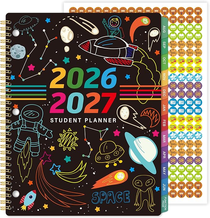 Student Planner 2026-2027 - Academic Planner 2026-2027, Aug. 2026 - Jun. 2027, Weekly and Monthly School Planner For Student, Stickers & Subject Function Pages, 9" x 11"(A4 Size), Doodle Space Style