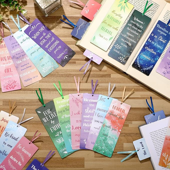 Chinco 120 Pack Bible Verse Bookmarks for Women Christian Scripture Inspirational Book Marks with Ribbons Religious Motivational Bookmarks for Women Men Church Office Gifts Supplies