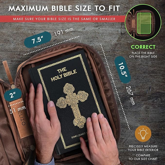 ELIZO Leather Bible Cover for Men Bible Case for Women Zippered Holder Protector Cross Church Tote Bag Carrying Organizer Sleeve Gift Study Saddle