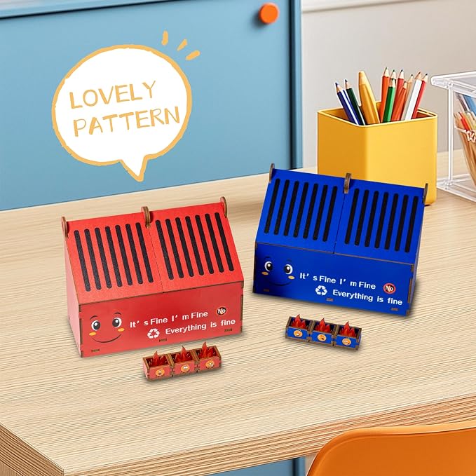 Dumpster Fire Pencil Holder with Wooden Flame Notes, Funny Desk Accessories Decor, Office Garbage Fire Coworker Gifts, Birthday, Friends, Relief Stress (2 Pack Red-Navyblue, Assemblable)