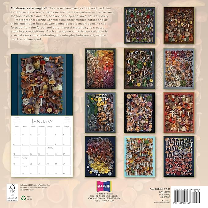 Mushrooms 2026 Wall Calendar, 12-Month Botanical & Nature Photography Calendar: The Art of The Fungi by Moritz Schmid, 12" × 12" Organizer for Home and Office