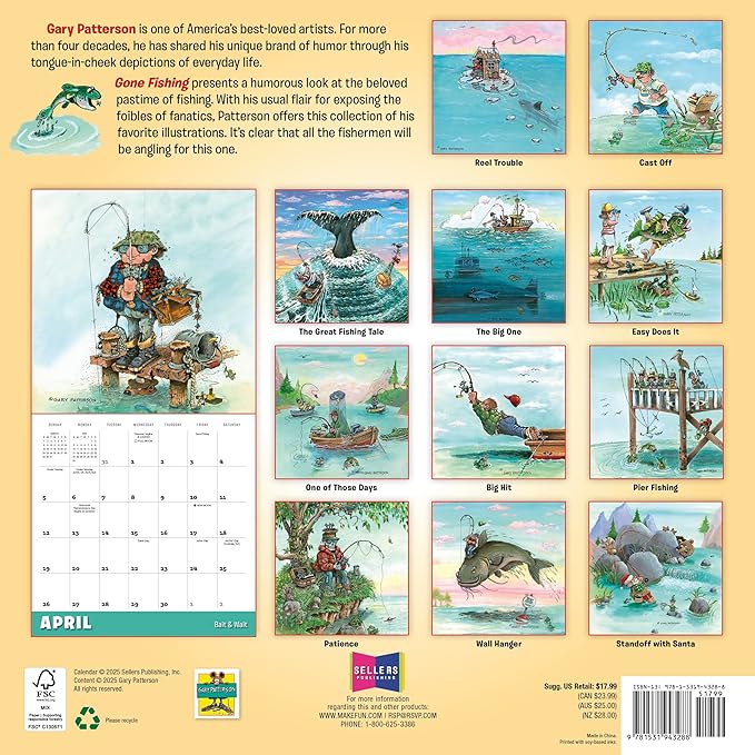 Gone Fishing 2026 Wall Calendar, 12-Month Fishing Humor & Cartoon Calendar by Gary Patterson, 12" x 12", Monthly Calendar 2026 Planner with Large Grids for Office or Home