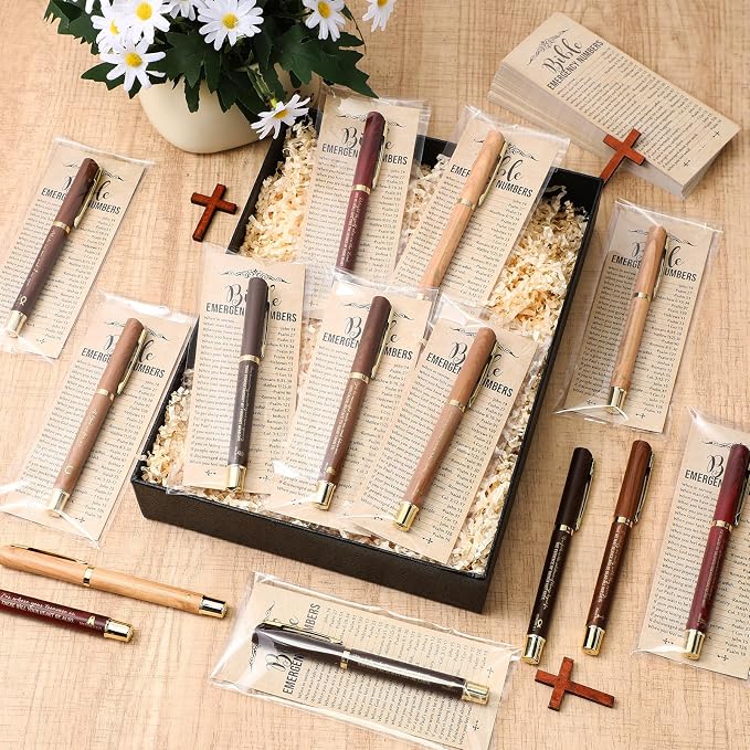Feifeiya 25 Sets Fathers Day Christian Gifts Bible Bulk Emergency Number Bookmark Scripture Religious Pen for Men Church Welcome Sunday School Favors (English)
