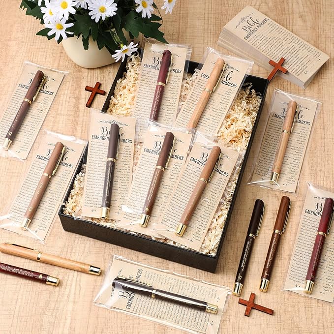 Feifeiya 50 Sets Fathers Day Christian Gifts Bible Bulk Emergency Number Bookmark Scripture Religious Pen for Men Church Welcome Sunday School Favors (English)