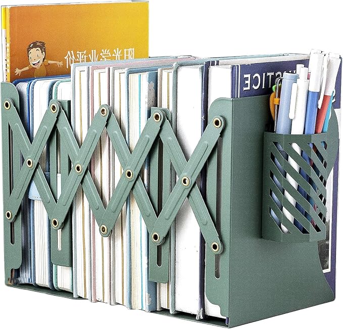 Metal Iron Book Ends Adjustable Bookends for Heavy Book Holder Heavy Duty Bookends Nonskid Bookcase Desktop Book Organizer Binder Holder (Green)