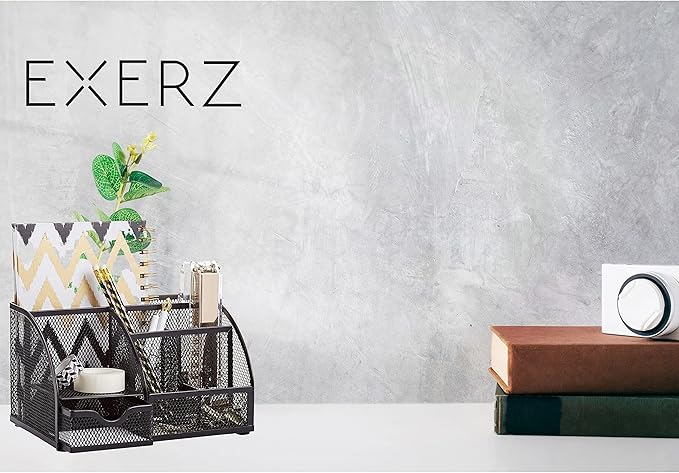 Exerz Desk Organizer Black Office Desk Accessories Supplies Office Storage Desktop Pencil Pen Holder with Drawer Home Workspace