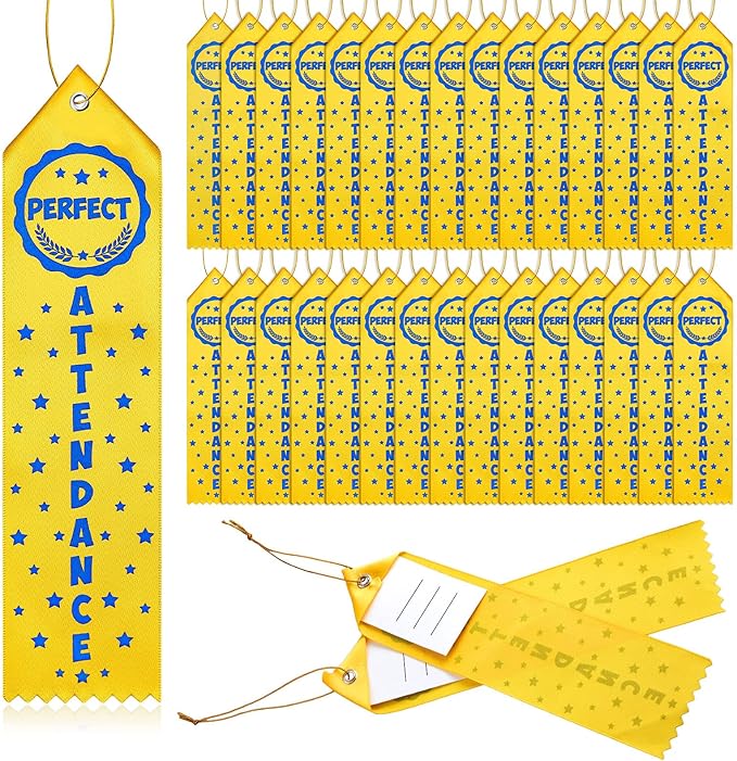 Taiyin 100 Pcs Award of Perfect Attendance Award Ribbons Prize Perfect Attendance Ribbon with Event Card and Rope for Kids Competition, Sports Event, Contests, School, Office Team