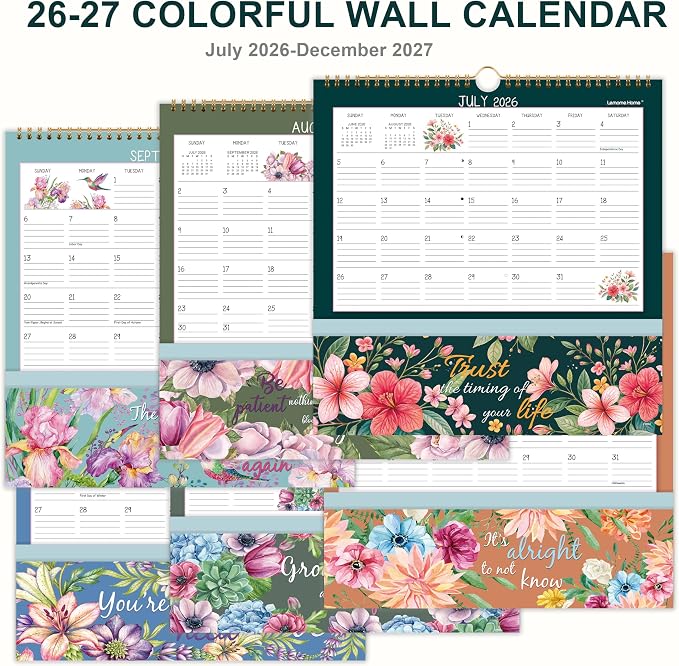 Wall Calendar 2026-2027 - Pocket Calendar, 11.2" x 11.2", 2026-2027 Calendar with Pockets, Jul. 2026 - Dec. 2027, Wall Calendar 18 Month with One Pockets, Calendars for Office School Home, Golden Twin Wire Binding, Premium Paper - 12 Different Floral