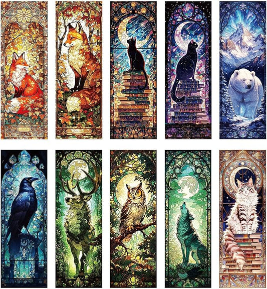 Cute Animals Bookmark Gifts - 10 Pcs Fantasy Cats Stained Glass Bookmarks for Women Book Lovers Pretty Cool Page Marks Bookish Birthday Graduation Gift School Office Reading Accessories