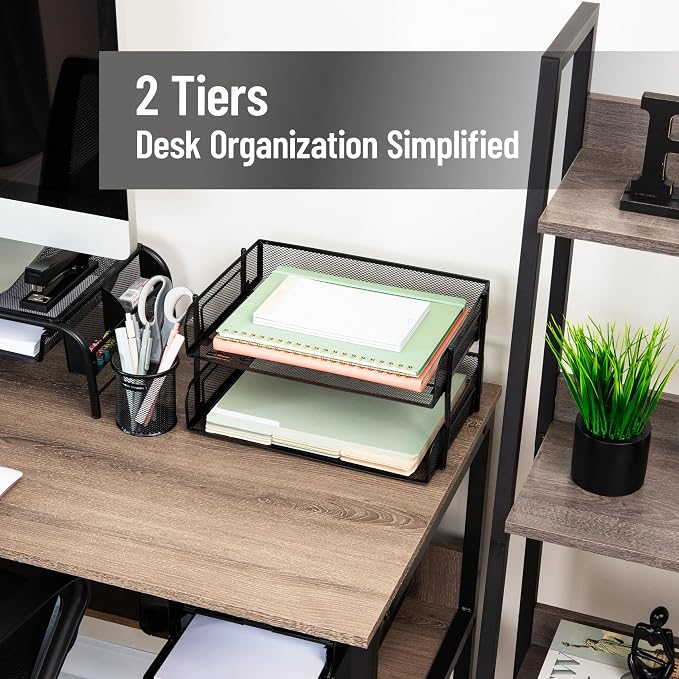 Mind Reader 2-Tier Stackable Paper Tray, Desktop Organizer for Letter-Size Documents, Office File Storage, Metal Mesh, Set of 2, Black