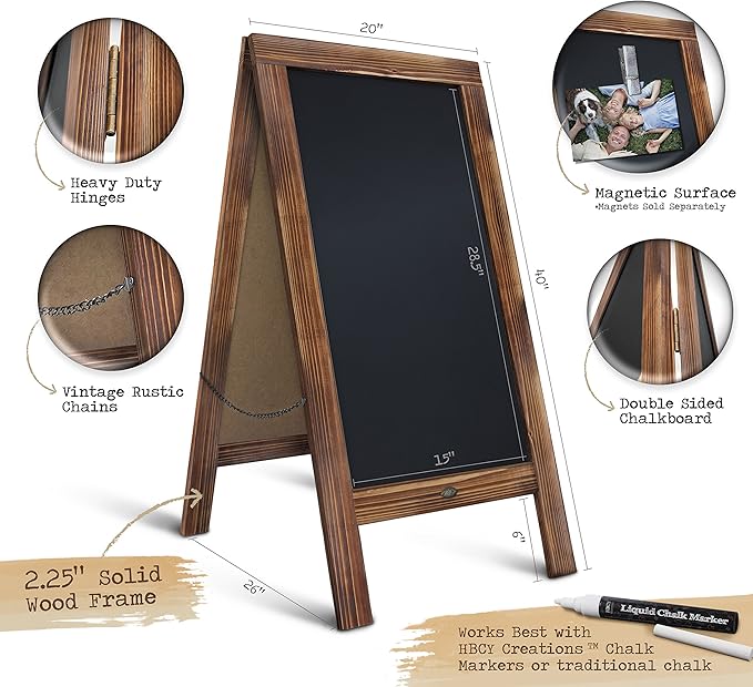 A Frame Chalkboard by HBCY Creations: 40x20 Solid Wood A-Frame Sign Rustic Brown Double-Sided Magnetic Board, Chalkboard Menu Board, for Restaurants, Cafés, Weddings - Heavy Duty Hinges