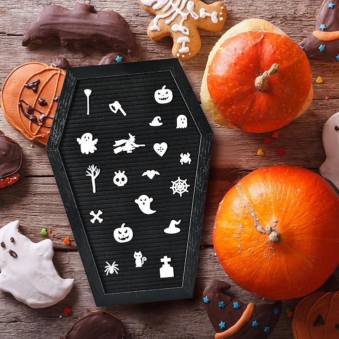 Coffin Letter Board - 520 Characters Spooky Halloween Characters with Wooden Stand and Canvas Bag - 16x11 Inches - Felt Message Board for Home Office Halloween Supplies & Decor (Black)