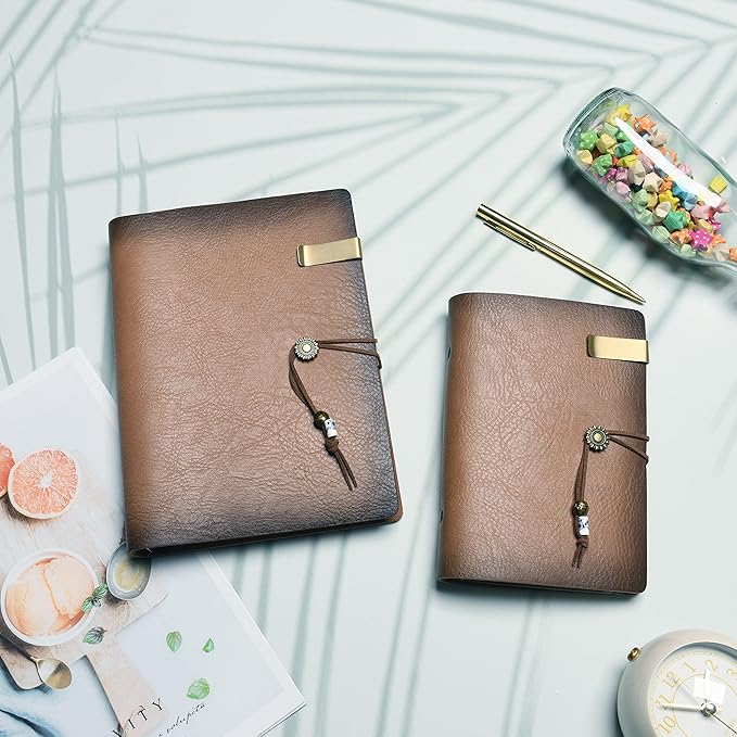 WONDERPOOL Leather Journal A5 Refillable 6 Ring Binder Notebook with Lined Paper and Pen,Writing Diary for Work Travel and Agenda Plan (A5, a-Maroonpink)