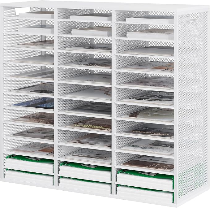 TQVAI 36 Compartments Desktop Literature Organizer, Metal Frame Paper Sorter with Handles, Heavy Duty Mailbox for Classroom and Office, Desk File Organizer for Document, Bill, Magazine, White
