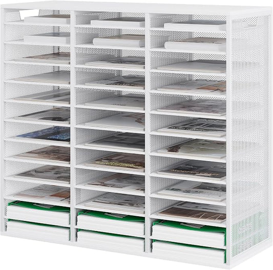 TQVAI 36 Compartments Desktop Literature Organizer, Metal Frame Paper Sorter with Handles, Heavy Duty Mailbox for Classroom and Office, Desk File Organizer for Document, Bill, Magazine, White