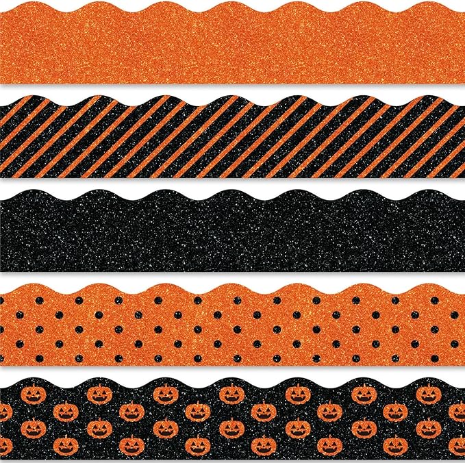 Whaline 69Ft Halloween Bulletin Board Borders Glitter Orange Black Decoration Borders Pumpkin Stripe Dot Trim Border Bulletin Board Stickers for School Classroom Office Halloween Party Decoration