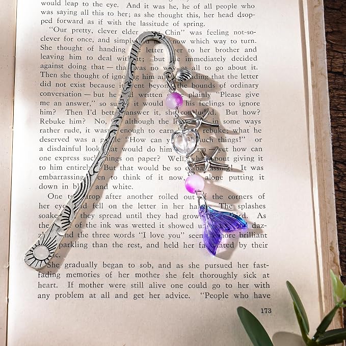 Fantasy Fish Tail Bookmark - Charm Purple Aesthetic Book Marks Cute Silver Chain Pendant Tassel Metal Bookmarks Reading Women Girls Kids Students Teachers Thank Valentines Gift Accessories