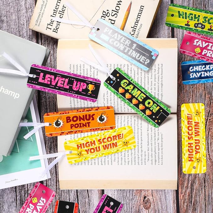 Outus 50 Video Game Bookmarks for Gamer Birthday Party, Pixelated Bookmarks for Pixelated Treat Bag Video Game Party Decoration Paper Tag Card Classroom Awards Teacher