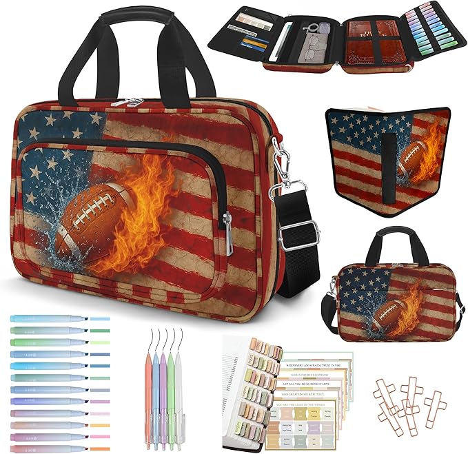 American Flag Football Bible Cover Case for Men Boys, Rugby Large Kids Bible Bag Book Carrying Case with Handle Zipper Pocket, Bible Study Supplies Journaling Kit Highlighters Pens Cross Clips