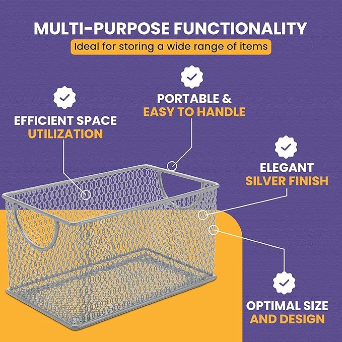 YBM HOME Mesh Storage Box, Silver Mesh Great for School Home or Office Supplies, Books, Computer Discs and More (6, 10.75 x 5.5 x 6.5)