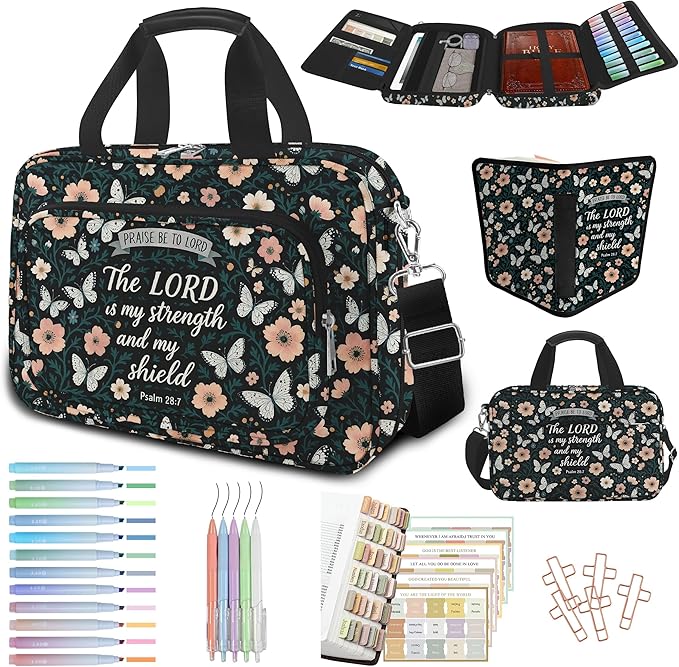 Butterfly Floral Bible Cover Case for Women Bible Study Supplies Accessories Boho Church Bag Christian Gift Book Carrying Case with Shoulder Strap Handle Journaling Kit Large Bible Book Sleeve