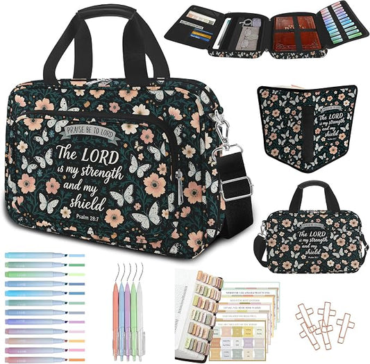 Butterfly Floral Bible Cover Case for Women Bible Study Supplies Accessories Boho Church Bag Christian Gift Book Carrying Case with Shoulder Strap Handle Journaling Kit Large Bible Book Sleeve
